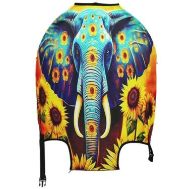 Imagem de Joisal Protetor de bagagem, capas de mala, estampa de proteção, itens essenciais de viagem para mulheres, elefante, azul, girassóis florais, Elefante azul girassóis florais, L, Fits 26-28 Inch Case