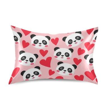 Imagem de Fronhas de cetim fofo panda fofo corações vermelhos padrão Queen King fronhas personalizadas decoração de casa tamanho padrão 66 cm x 50 cm