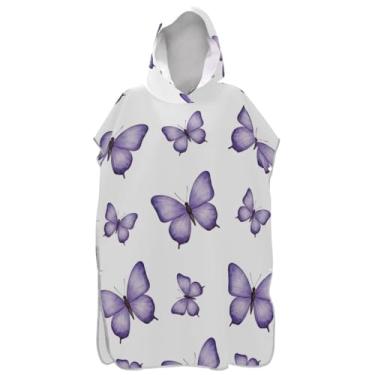 Imagem de Joisal Poncho de surfe para trocador adulto com capuz toalha de praia estampado plus size homens mulheres poncho com capuz roxo borboleta branco
