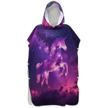 Imagem de Joisal Unicórnio místico roxo rosa estrelas surf poncho trocador adulto toalha de natação com capuz bonito plus size adulto ponchos para mulheres