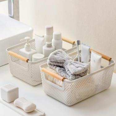 Imagem de Cesto Organizador Telado Plástico Multiuso com Alças para Cozinha Banheiro e Lavanderia(2 Cesto BRANCO 36cm)