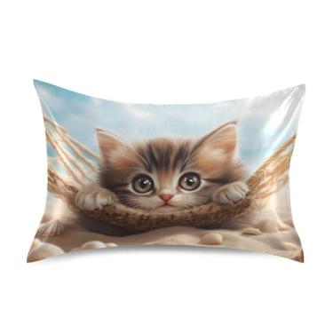 Imagem de Fronhas refrescantes engraçadas personalizadas padrão king queen travesseiros chinelos cetim casa cama fronha queen size 76.2 cm x 50.8 cm Cute Kitten Hammock Beach