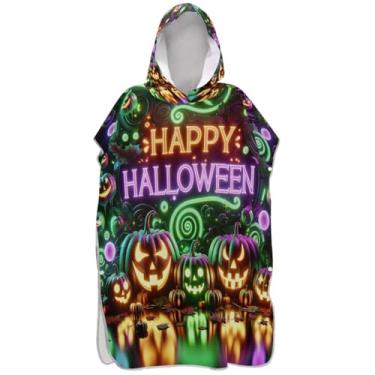 Imagem de Joisal Roupão de mudança de poncho de surfe plus size para toalha de natação com capuz Adul Halloween Abóboras neon brilhantes unissex poncho adulto com capuz