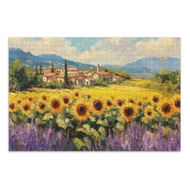 Imagem de Quebra-cabeças de peças grandes de campo de girassol lavanda para adultos com letras nas costas, 1000 peças para adultos