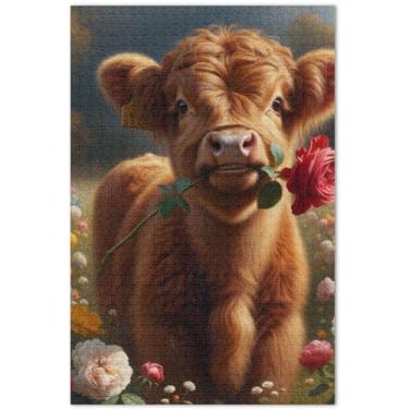 Imagem de Quebra-cabeça fofo de vaca Highland com flores de bezerro 500 peças para adultos, brinquedo de arte, natureza, quebra-cabeça, família, amantes, presentes, 51 x 35 cm