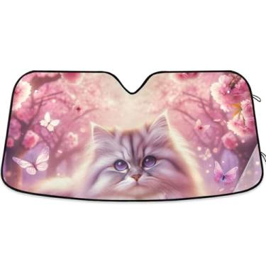 Imagem de Guarda-sol personalizado fofo gato flor de cerejeira carro para-brisa engraçado dobrável caminhão carro persianas para protetor de janelas dianteiras S, 134.6 cm x 59.7 cm