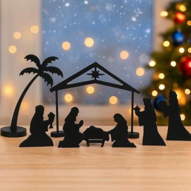 Imagem de Geelin Conjunto de 7 peças de estatuetas de presépio de Natal em miniatura de madeira preta com enfeites de mesa de Jesus com coqueiros para decoração interna de Natal da Sagrada Família (estilo