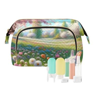 Imagem de TSENQUE Bolsa organizadora de maquiagem de mármore roxo de grande capacidade com conjunto de acessórios de 9 peças, bolsas de cosméticos femininas para bolsa, Flores e coelhos da primavera, one size