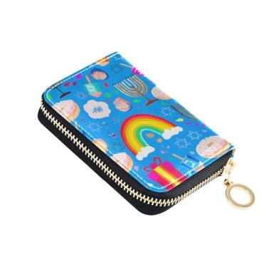 Imagem de GAIGEO Symbols Menorahs Carteiras femininas azuis de couro, 9 compartimentos para cartão de crédito e 2 compartimentos para dinheiro, bolsa colorida para moedas com zíper