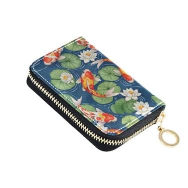 Imagem de Carteira feminina de couro com bloqueio de RFID, porta-cartões de crédito com zíper e estampa colorida de peixe Koi