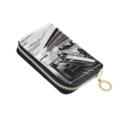 Imagem de Carteiras de cartão de crédito com bloqueio de RFID pequena carteira feminina de couro com zíper porta-cartões e dinheiro desenho animado carro preto branco