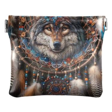 Imagem de Bolsa feminina de couro para moedas Peace and Love Flowers, bolsa de troca de apertar, bolsa de cartão, Apanhador de sonhos de lobo estilo boho, one size, Minimalista moderno