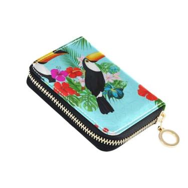 Imagem de Carteira feminina pequena, porta-cartão de crédito, bloqueio de RFID, zíper ao redor de moedas, bolsa com zíper, flores de hibisco tropical, azul tucano