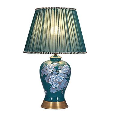 Imagem de Abajur de mesa de cerâmica azul esmaltada de 52 cm com flores pintadas à mão, vaso para cabeceira, luminária de mesa para quarto com cúpula de tecido plissado para hotel, sala de estar ou es