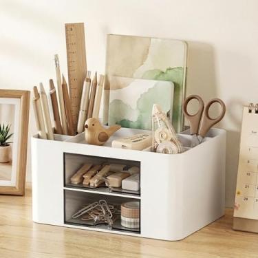 Imagem de Organizador de canetas com 2 gavetas, porta-lápis multifuncional para mesa, organizadores de mesa e acessórios com 5 compartimentos + gaveta para materiais de arte de escritório (branco)