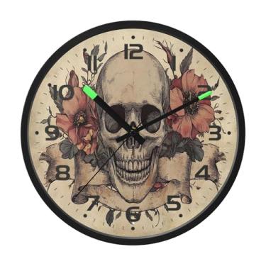 Imagem de SEHANY Relógio artístico de parede de caveira silencioso, sem tique-taque, relógio redondo operado por bateria, controle de som, luz noturna, relógios de parede para sala de estar, cozinha, quarto