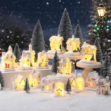 Imagem de Vinsot Conjunto de 26 peças de resina iluminada de vila de Natal com 16 LED de casas de vila de Natal brancas, 10 árvores de Natal, bateria para mesa, casa, férias de inverno, decoração de cornija