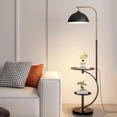 Imagem de Luminária de chão com 2 mesas redondas, luminárias de chão em metal polido, luminária vertical ajustável, luminárias altas multifuncionais, luminárias de canto para sala de estar, base de má