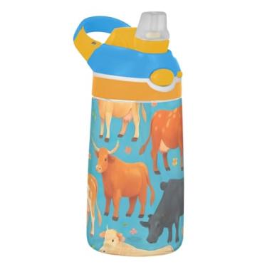 Imagem de Garrafa de água infantil Breeds Colors Cows Blue 473 ml Tritan reutilizável com tampa de canudo 473 ml copo infantil portátil à prova de vazamento, alça de transporte
