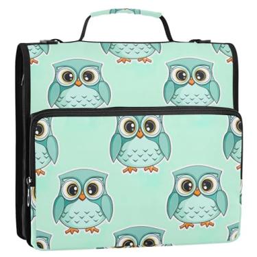Imagem de Fichários de viagem de 3 cm com 3 anéis, corujas fofas de desenho animado turquesa, organizador de fichário com zíper, comporta 500 folhas, bolsa escolar com alça de ombro