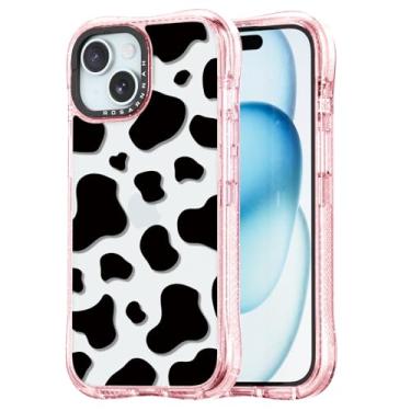 Imagem de Rosarnnah Capa para iPhone 15 fofa - Capa de telefone à prova de choque com proteção contra quedas de grau militar de 6 m - Design engraçado com estampa de vaca leiteira (6,5 cm) rosa brilhante
