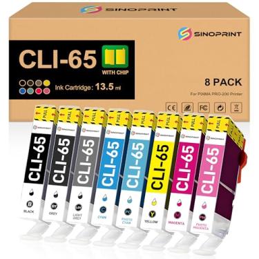 Imagem de SINOPRINT Cartuchos de tinta CLI-65 CLI 65 de alto rendimento, compatível com Cli-65, pacote econômico de 8 cores, substituição para cartucho de tinta Pixma Pro 200 Impressora Pixma Pro 200 (pacote