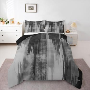 Imagem de jejeloiu Conjunto de edredom preto e cinza abstrato para todas as estações, arte moderna, conjunto de cama com 2 fronhas, respingos, tinta, microfibra abstrata, roupa de cama queen para decoração de