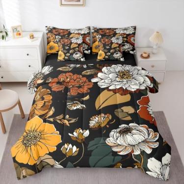 Imagem de Erosebridal Conjunto de edredom boêmio Queen floral com 7 peças, folhas de plantas tropicais, rústico, vintage, botânico, para homens, adultos, retrô, colorido, conjunto de cama de flores