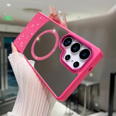 Imagem de HJZSZX Capa protetora espelhada magnética com glitter para Galaxy S25 Plus (para Galaxy S25 Plus/rosa vermelha)