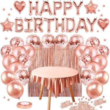 Imagem de Kit de balões de aniversário Rose Gold Mylar 45 unidades com toalha de mesa