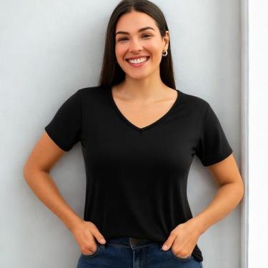 Imagem de Blusa Feminina Viscolycra Decote V Manga Curta Básica Casual - Sara Co
