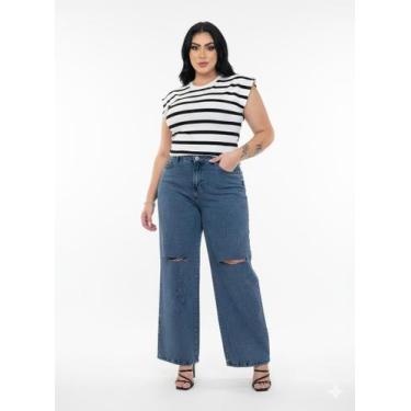 Imagem de Calça Jeans Feminina Wide Leg Preta Rasgada Plus Size Lycra - By Reemb
