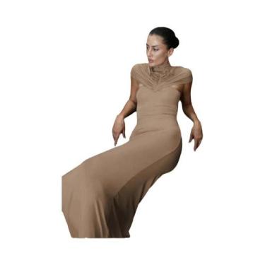 Imagem de Vestido feminino de gola alta, vestido de manga curta skinny, moda da 