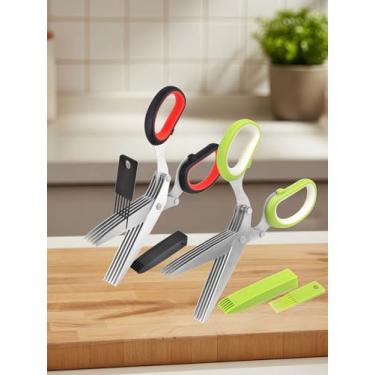 Imagem de Pacote com 2 tesouras de ervas e cozinha de aço inoxidável com 5 lâminas - tesouras de cozinha com pente de limpeza, capa protetora colorida