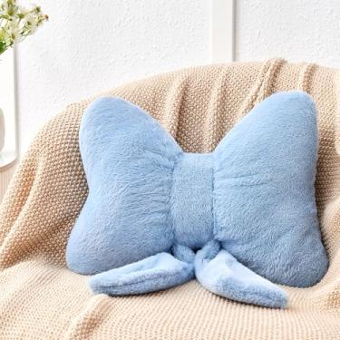 Imagem de Mepherl Travesseiro de laço azul empoeirado, almofadas de arco macio com pele de coelho sintética, almofada fofa em forma de laço de pelúcia almofadas decorativas de arco estético para cama, sofá