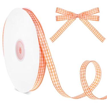 Imagem de Fita xadrez laranja de 50 metros, fita xadrez laranja e branca de 0,9 cm, fitas xadrez com borda tecida, fitas quadriculadas para embrulho de presente, buquê, decoração, arte, artesanato, costura