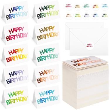 Imagem de Gueevin 200 cartões de feliz aniversário a granel com envelopes e adesivos, cartões em branco de aniversário de 8 x 12 cm, 10 desenhos coloridos de fonte ombré para amigos, família, trabalho, artigos