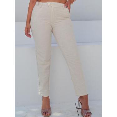 Imagem de Calça Reta Linho Feminina Cintura Alta com bolsos frontais lançamento 