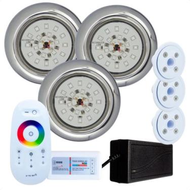Imagem de Kit 3 Refletores Led 18w RGB Inox e Comando para Iluminação Piscina Vi