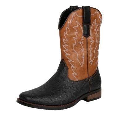 Imagem de Botas masculinas estilo caubói preto sem cadarço, bico quadrado, salto grosso, durável, retrô, cano médio, Preto, 9