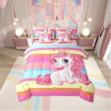 Imagem de Erosebridal Jogo de cama solteiro de unicórnio rosa em uma bolsa, 7 peças, princesa, arco-íris, unicórnio, listrado, lençol com desenho de cavalo feminino, fantasia, decoração de quarto de meninas