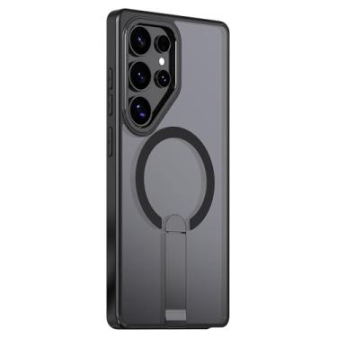 Imagem de POYUFRG Capa magnética para Samsung Galaxy S26 Ultra/S26 Plus/S26, capa de telefone fina translúcida fosca com capa de suporte de metal, preta, S26 Plus