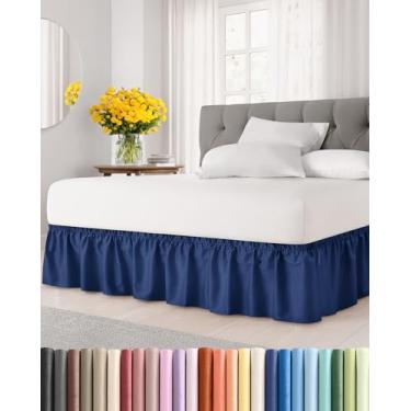 Imagem de Saia para cama com babados e poeira - azul marinho - para camas king size com caimento de 35 cm - Alça elástica de ajuste fácil - Saia de cama plissada ajustável com tecido escovado, sem rugas