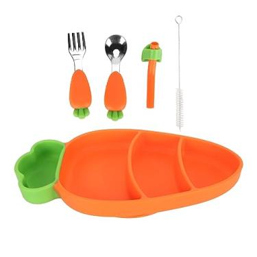 Imagem de Conjunto de suprimentos de alimentação de silicone para bebê Ainoli com garfo, colher, escova de limpeza de palha, conjunto de desmame em formato de cenoura (Laranja)