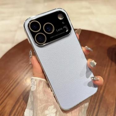 Imagem de SFDSUH Capa protetora com janela grande de vidro e textura de lichia para iPhone 13 Pro Max (Azul)