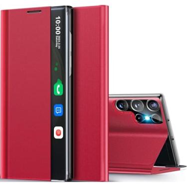 Imagem de Capa para Samsung Galaxy S24 Ultra com janela transparente e inteligente, com suporte para Samsung S24 Ultra, capa flip fina, espelhada, rígida, de couro, visão, transparente, janela inteligente 5G