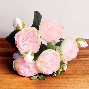 Imagem de Buquê de seda rosa de 30 cm, flores artificiais de peônia, 5 cabeças grandes, 4 botões pequenos, noiva, casamento, decoração de casa, flores falsas, rosa novo