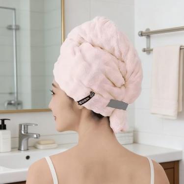 Imagem de Toalha de secagem de cabelo para mulheres, turbante ajustável de secagem rápida, touca de cabelo absorvente macia para todos os tipos de cabelo (rosa)