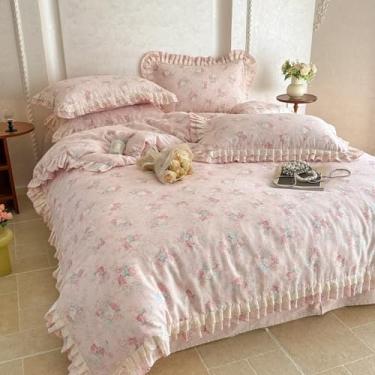 Imagem de BuLuTu Farmhouse Conjunto de capa de edredom rosa, tamanho Queen, conjunto de cama de princesa romântica com estampa floral vintage e babados de renda, 100% algodão, musselina, para meninas, capa de
