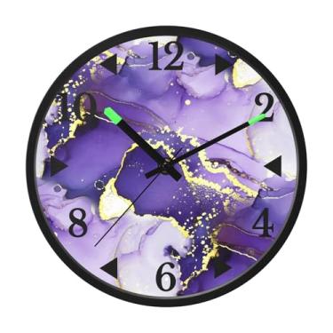 Imagem de STAYTOP Relógio de parede LED com textura de mármore dourado roxo para quarto com brilho noturno, relógios de parede silenciosos de 30 cm para decoração de sala de estar, controle de som, relógio de